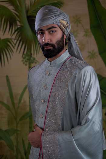 Buy_Punit Arora_Grey Silk, Jacquard, Polyester Embroidered Sherwani Set _Online_at_Aza_Fashions