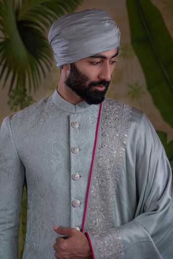 Shop_Punit Arora_Grey Silk, Jacquard, Polyester Embroidered Sherwani Set _Online_at_Aza_Fashions