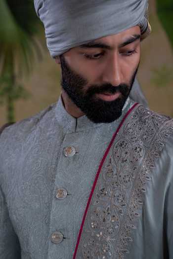 Punit Arora_Grey Silk, Jacquard, Polyester Embroidered Sherwani Set _at_Aza_Fashions