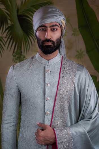 Buy_Punit Arora_Grey Silk, Jacquard, Polyester Embroidered Sherwani Set 