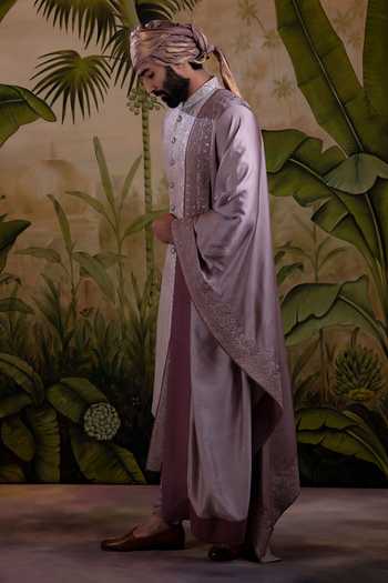 Punit Arora_Pink Silk, Jacquard Embroidered Sherwani Set _Online_at_Aza_Fashions