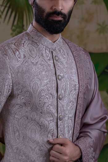 Shop_Punit Arora_Pink Silk, Jacquard Embroidered Sherwani Set _Online_at_Aza_Fashions