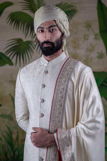 Punit Arora_Ivory Silk Tonal Dori Embroidered Sherwani Set _Online_at_Aza_Fashions