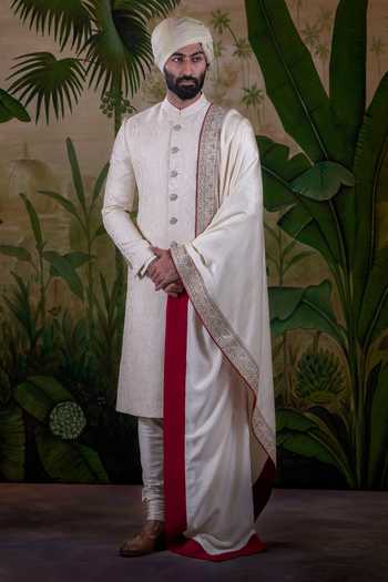 Buy_Punit Arora_Ivory Silk Tonal Dori Embroidered Sherwani Set _Online_at_Aza_Fashions