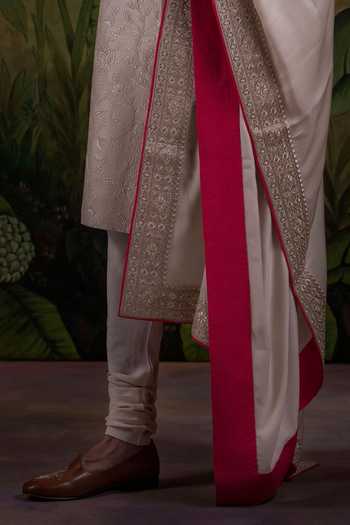 Punit Arora_Peach Silk Floral Thread Embroidered Sherwani Set _Online_at_Aza_Fashions