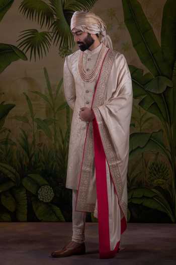 Buy_Punit Arora_Peach Silk Floral Thread Embroidered Sherwani Set _Online_at_Aza_Fashions
