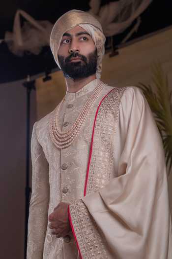 Shop_Punit Arora_Peach Silk Floral Thread Embroidered Sherwani Set _Online_at_Aza_Fashions