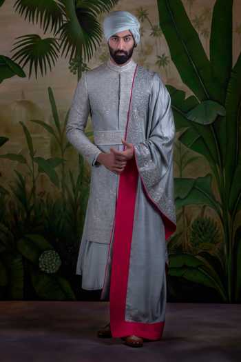 Punit Arora_Grey Silk Floral Embroidered Sherwani Set _Online_at_Aza_Fashions