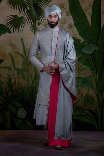 Buy_Punit Arora_Grey Silk Floral Embroidered Sherwani Set _Online_at_Aza_Fashions
