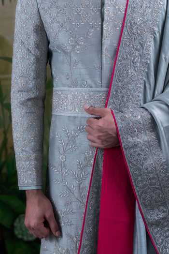 Shop_Punit Arora_Grey Silk Floral Embroidered Sherwani Set _Online_at_Aza_Fashions