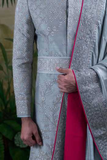 Punit Arora_Grey Silk Floral Embroidered Sherwani Set _at_Aza_Fashions