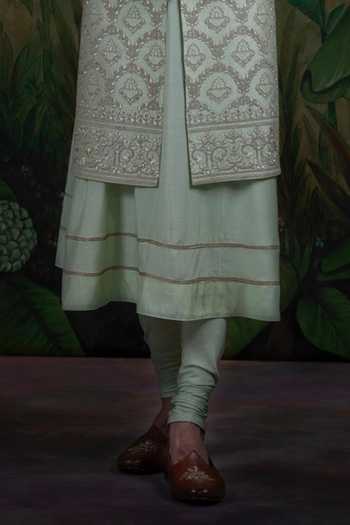 Punit Arora_Green Silk Thread Embroidered Sherwani Set _Online_at_Aza_Fashions