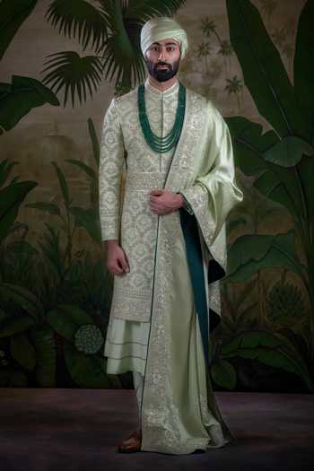 Shop_Punit Arora_Green Silk Thread Embroidered Sherwani Set _Online_at_Aza_Fashions
