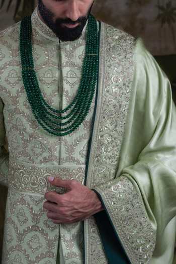 Punit Arora_Green Silk Thread Embroidered Sherwani Set _at_Aza_Fashions