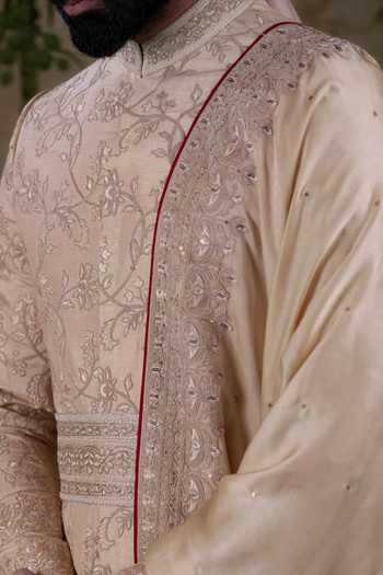 Punit Arora Gold Silk Floral Embroidered Sherwani Set Online at Aza Fashions Punit Arora_Gold Silk Floral Embroidered Sherwani Set _Online_at_Aza_Fashions