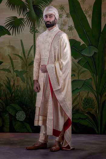 Shop Punit Arora Gold Silk Floral Embroidered Sherwani Set at Aza Fashions Shop_Punit Arora_Gold Silk Floral Embroidered Sherwani Set _at_Aza_Fashions