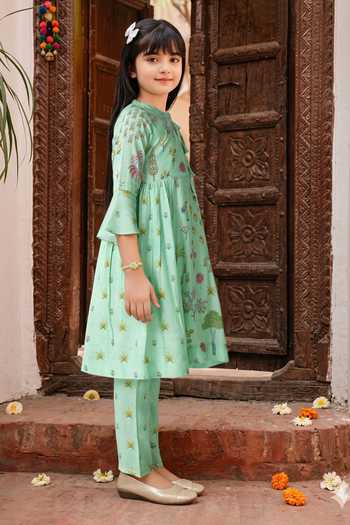Buy_Petite Pomme_Green Viscose, Muslin Floral Print Anarkali Set _Online_at_Aza_Fashions