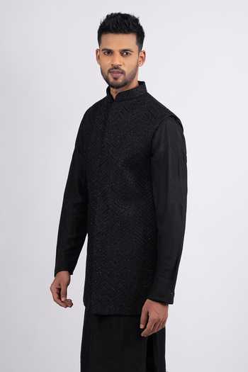 Shop_Sven Suits_Black Silk Stones Chevron Embroidered Bundi And Kurta Set _Online_at_Aza_Fashions