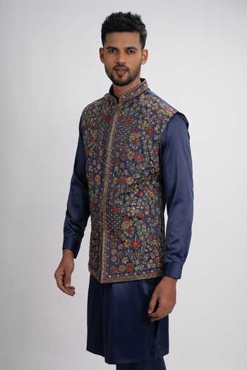 Shop_Sven Suits_Blue Satin Embroidery, Sequins, Zari, Cut Work Bundi And Kurta Set _Online_at_Aza_Fashions