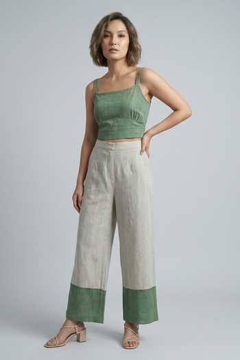 Shop_Two Sisters By Gyans_Green Cotton Square Neck Verdant Root Colorblock Jacket Pant Set _Online_at_Aza_Fashions