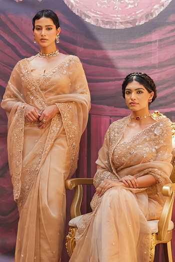 Geroo Jaipur_Gold Tissue Sequins Round Neck Embroidered Pre-draped Saree With Blouse _at_Aza_Fashions