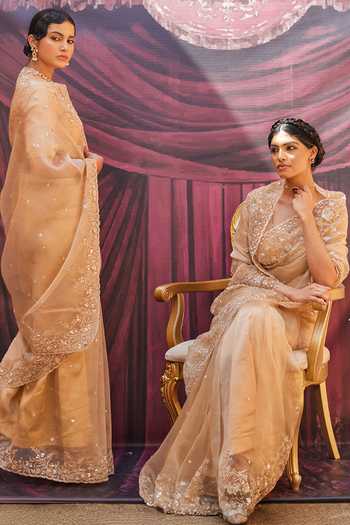 Shop_Geroo Jaipur_Gold Tissue Sequins Round Neck Embroidered Pre-draped Saree With Blouse 