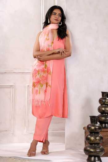 Buy_Geroo Jaipur_Peach Satin, Chiffon Spring Serenity Solid Kurta Set With Handpainted Dupatta 
