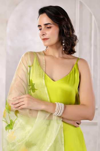 Shop_Geroo Jaipur_Green Satin, Chiffon Spring Serenity Strappy Kurta Set With Handpainted Dupatta 