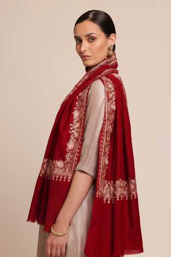 Shop SHAZA Red Forest Deer And Swans Embroidered Stole at Aza Fashions Shop_SHAZA_Red Forest Deer And Swans Embroidered Stole _at_Aza_Fashions