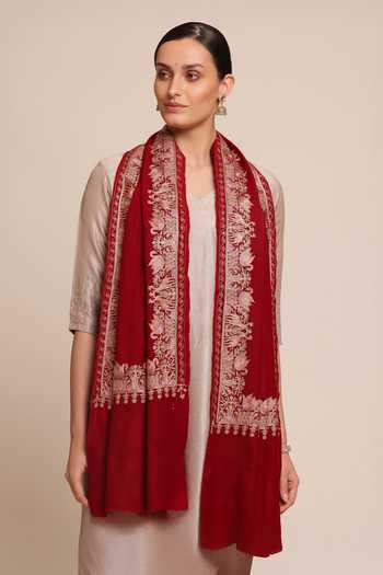 Buy SHAZA Red Forest Deer And Swans Embroidered Stole at Aza Fashions Buy_SHAZA_Red Forest Deer And Swans Embroidered Stole _at_Aza_Fashions