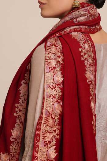 SHAZA Red Forest Deer And Swans Embroidered Stole Online at Aza Fashions SHAZA_Red Forest Deer And Swans Embroidered Stole _Online_at_Aza_Fashions