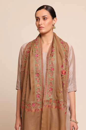 Shop SHAZA Beige Forest Embroidered Stole at Aza Fashions Shop_SHAZA_Beige Forest Embroidered Stole _at_Aza_Fashions