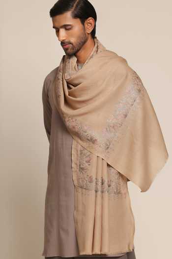 SHAZA_Beige Embroidered Forest Artwork Stole _Online_at_Aza_Fashions