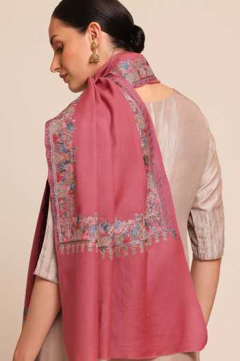 SHAZA Pink Forest Embroidered Wool Stole Online at Aza Fashions SHAZA_Pink Forest Embroidered Wool Stole _Online_at_Aza_Fashions