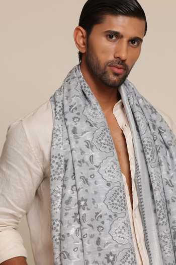 SHAZA_Grey Forest Heritage Print Wool Stole _Online_at_Aza_Fashions