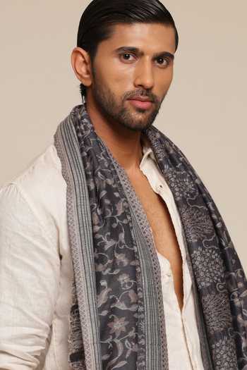 SHAZA_Black Printed Wool Forest Heritage Stole _Online_at_Aza_Fashions