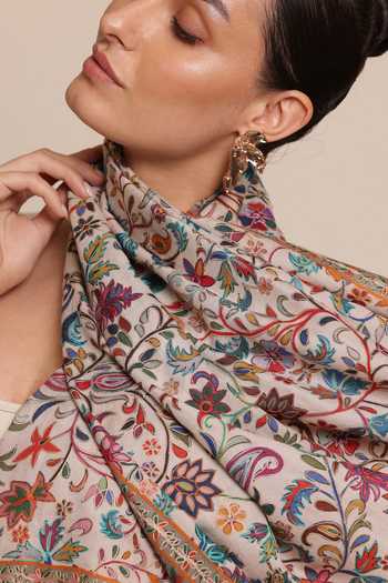 SHAZA_Multi Color Floral Print And Embroidered Silk Stole _Online_at_Aza_Fashions