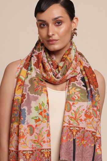 SHAZA_Multi Color Printed And Embroidered Silk Stole _Online_at_Aza_Fashions