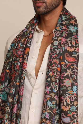 SHAZA_Multi Color Printed And Embroidered Silk Stole _Online_at_Aza_Fashions