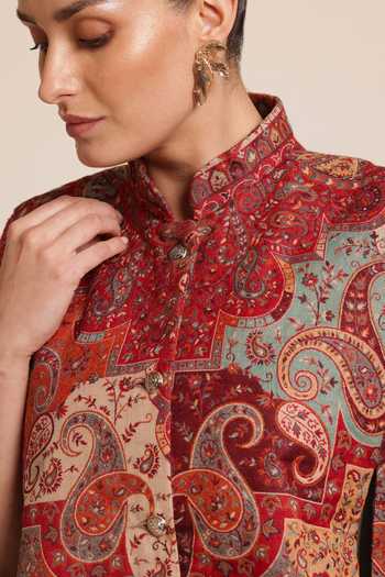 SHAZA_Multi Color Wool Mandarin Collar Floral Weave Cape Jacket _Online_at_Aza_Fashions