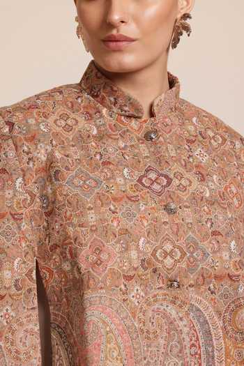 SHAZA_Multi Color Wool Mandarin Collar Woven Cape Jacket _Online_at_Aza_Fashions
