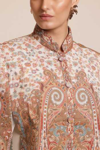 SHAZA_Multi Color Wool Mandarin Collar Floral Woven Cape Jacket _Online_at_Aza_Fashions
