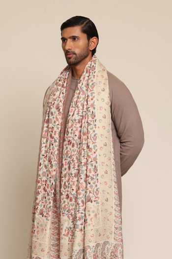 SHAZA_Ivory Floral Kani Jamawar Reversible Stole _Online_at_Aza_Fashions