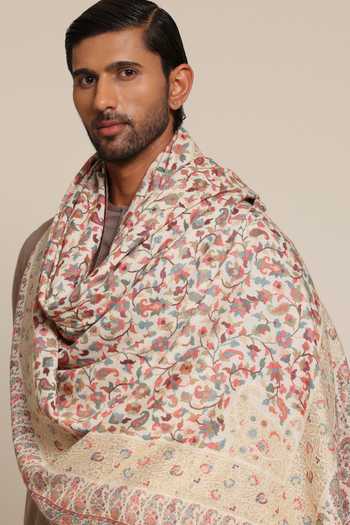 Buy_SHAZA_Ivory Floral Kani Jamawar Reversible Stole _Online_at_Aza_Fashions