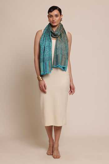 Buy SHAZA Blue Floral Kani Weave Wool Stole at Aza Fashions Buy_SHAZA_Blue Floral Kani Weave Wool Stole _at_Aza_Fashions