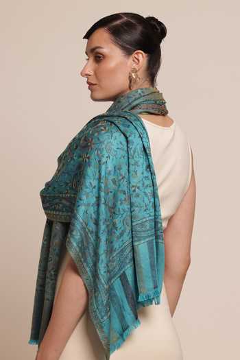 Shop SHAZA Blue Floral Kani Weave Wool Stole at Aza Fashions Shop_SHAZA_Blue Floral Kani Weave Wool Stole _at_Aza_Fashions
