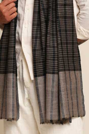 SHAZA_Black Self Checks Woven Pashmina Stole _Online_at_Aza_Fashions