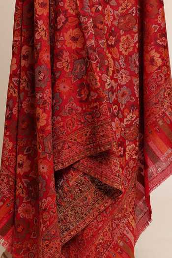 SHAZA_Red Antique Wool Floral Kani Patterns Shawl _Online_at_Aza_Fashions