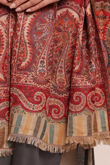 SHAZA_Red Antique Wool Floral Paisely Kani Shawl _Online_at_Aza_Fashions