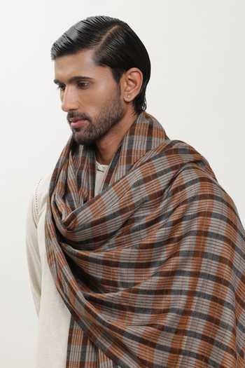 SHAZA_Brown Woven Checks Shawl _Online_at_Aza_Fashions